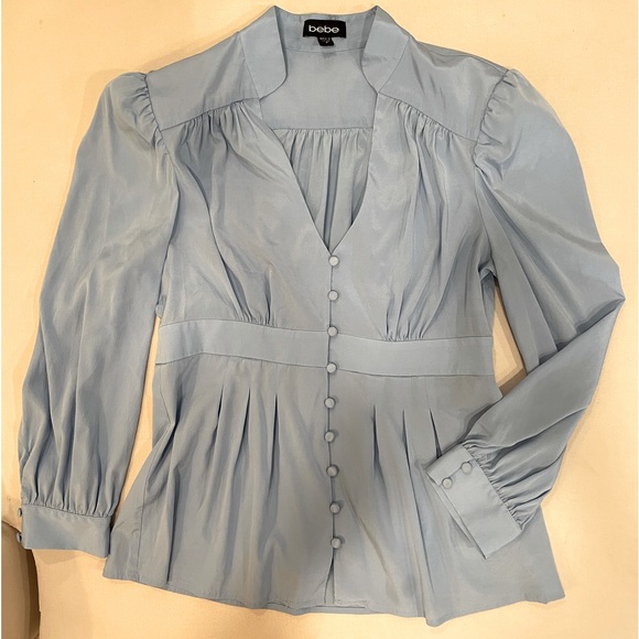 Bebe Light Blue Silk Blouse Sz M EUC - Picture 2 of 3